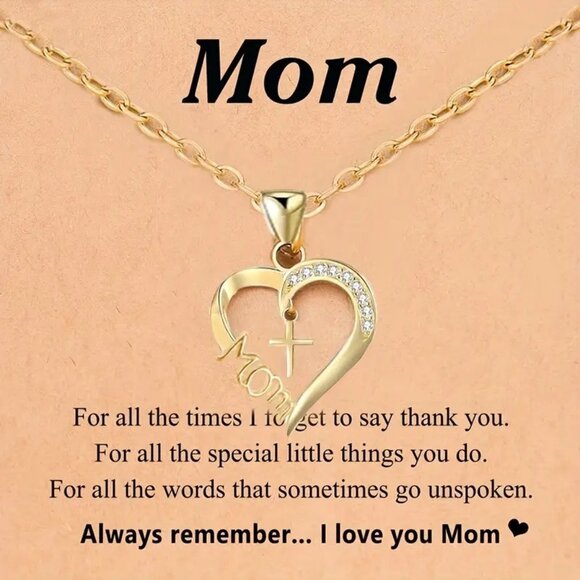 Gold Mom Heart Cross Necklace Christian Jewelry Mother’s Day Birthday Gift - Picture 1 of 1